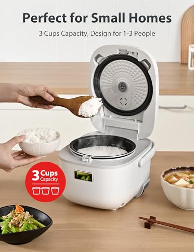 3-Cup Mini Rice Cooker with Steamer & Warmer, White