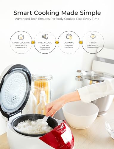 XCOKKO 12-Mode Rice Cooker, Nonstick Pot, White with Red Accent